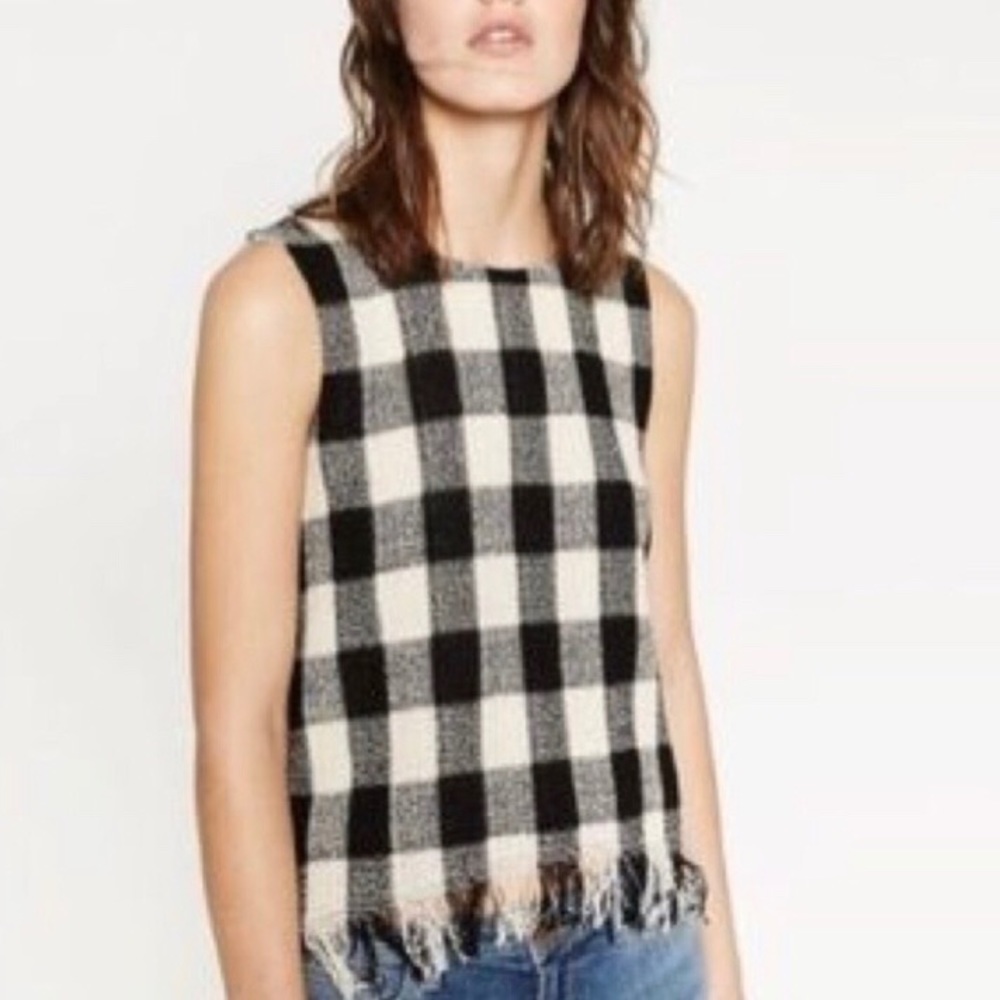 Zara black & white gingham tweed top, size XS
